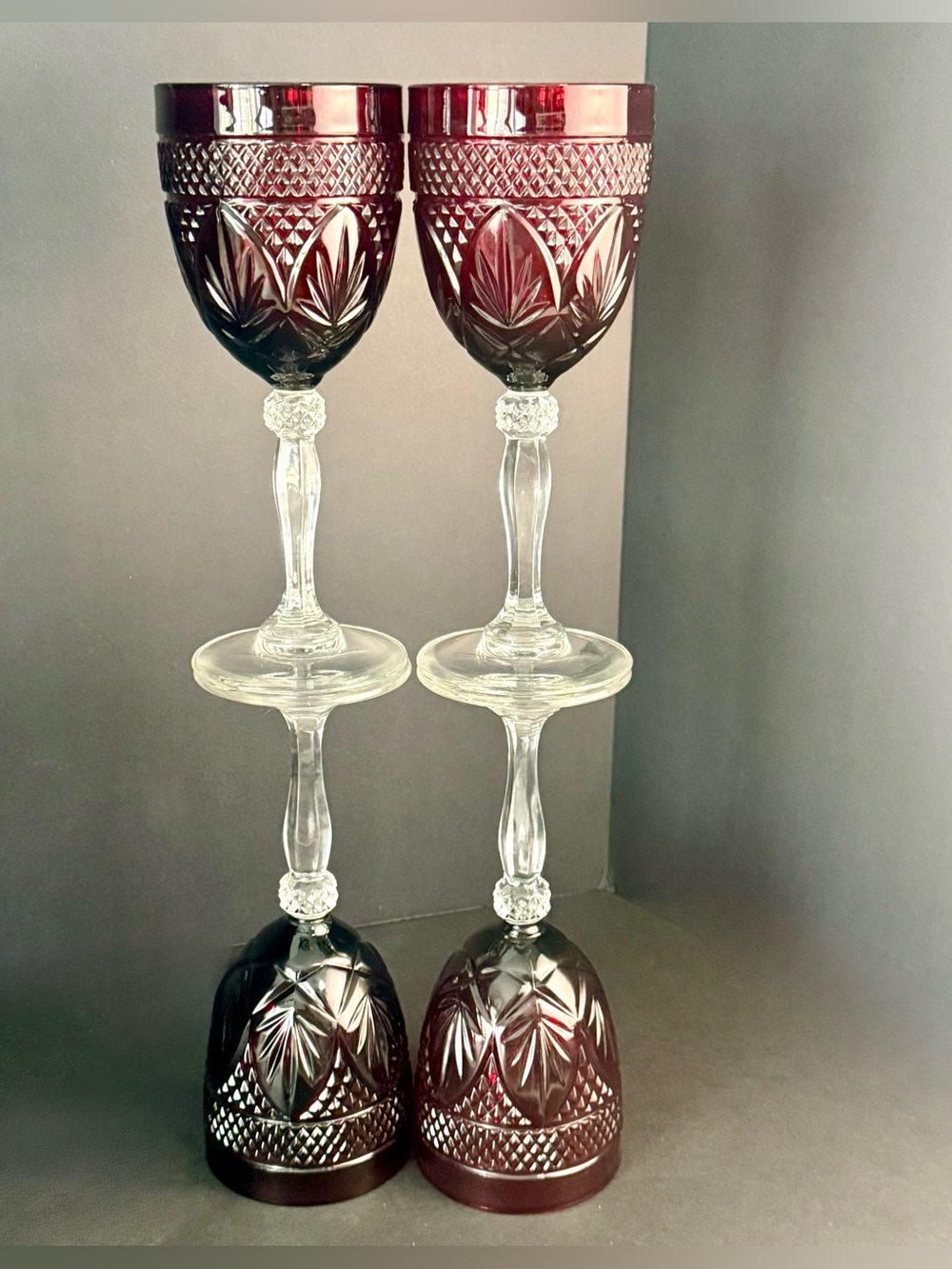 Vintage CRISTAL D'ARQUES Durand ANTIQUE RUBY RED Water Wine glasses 8" Set 4 - Picture 4 of 15